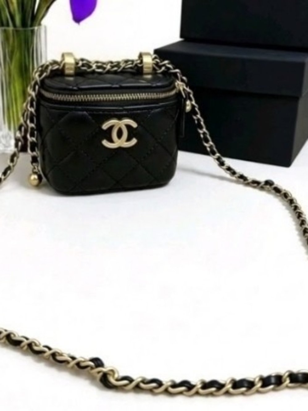 CHANEL Black Quilted Mini Vanity Crossbody with Gold Chain New In Box VIP Gift